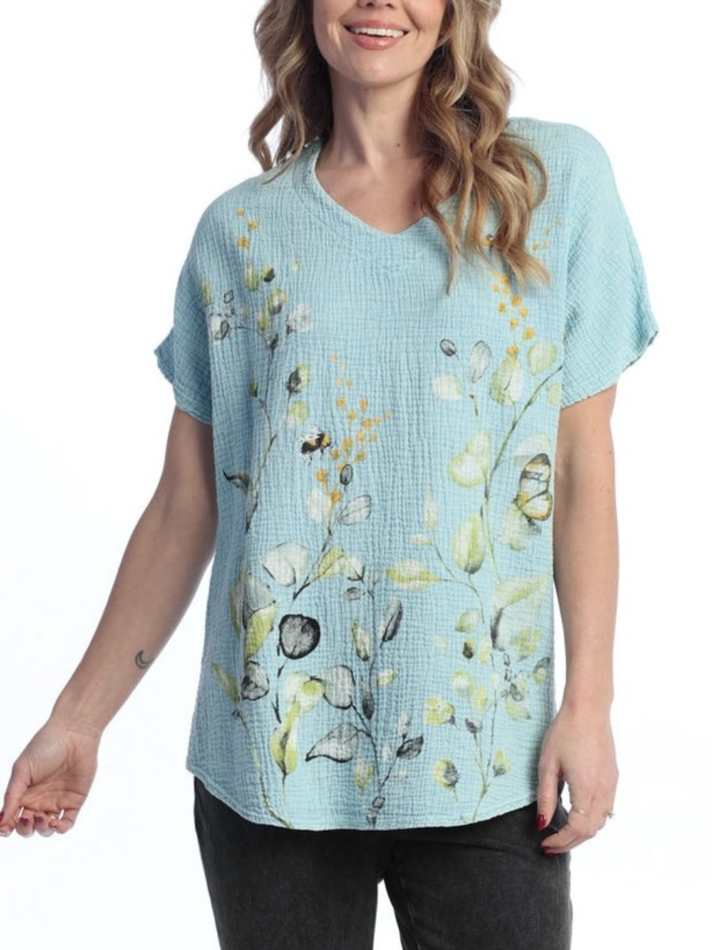 Jess & Jane Mineral Washed Gauze Tunic with Pockets Size 1X Kelly Mint Floral